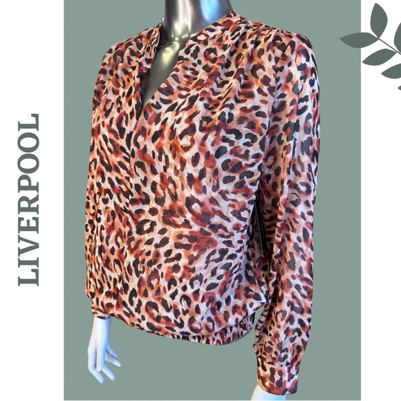 Liverpool Women's Long Sleeve Woven Blouse with Smocked Waistband Animal Print - Picture 4 of 8